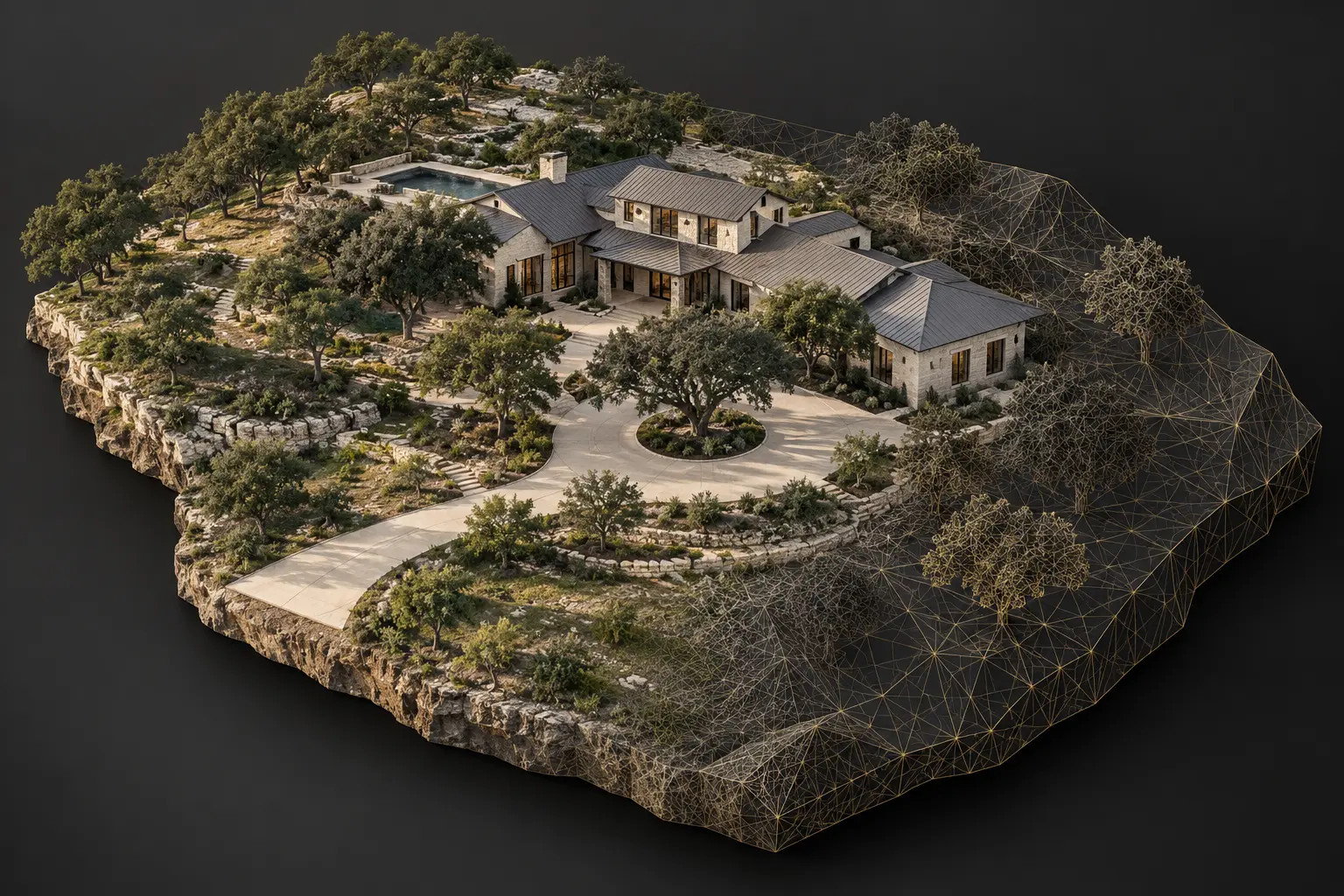 Illustrative aerial 3D property model showing a building and surrounding terrain transitioning into a wireframe mesh
