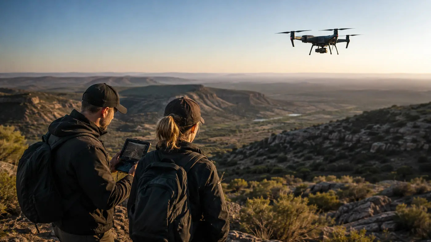 Drone team conducting an aerial search over rugged Texas terrain