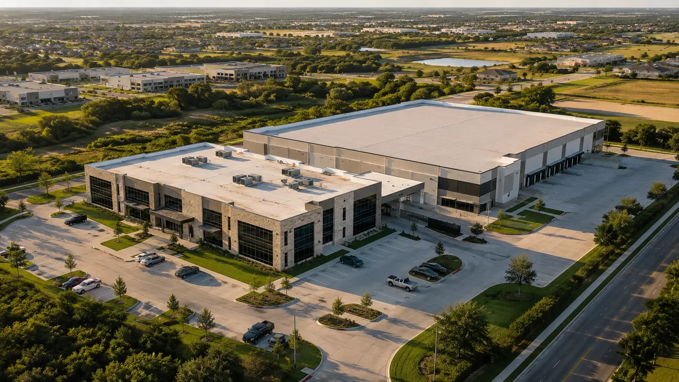 Oblique aerial view of a modern commercial property
