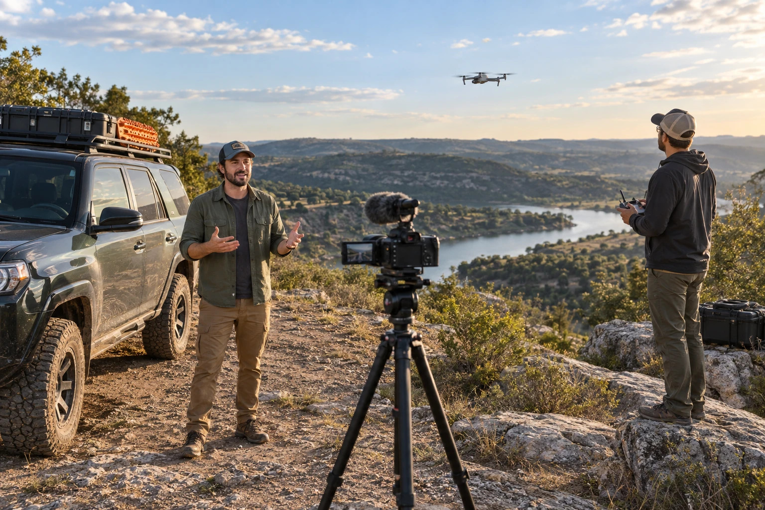 Illustrative outdoor content production with a presenter, video camera, and drone operator