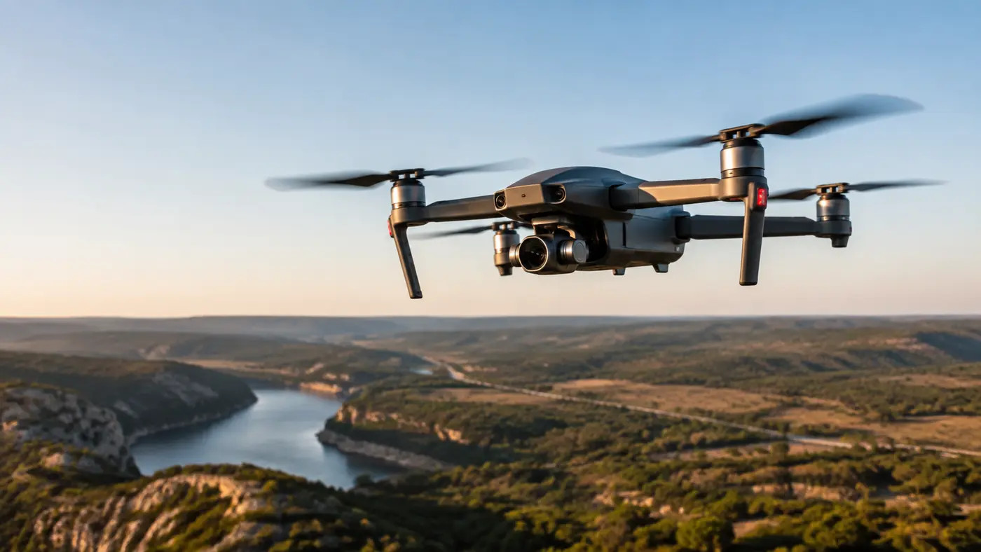 Professional camera drone flying over a Texas landscape