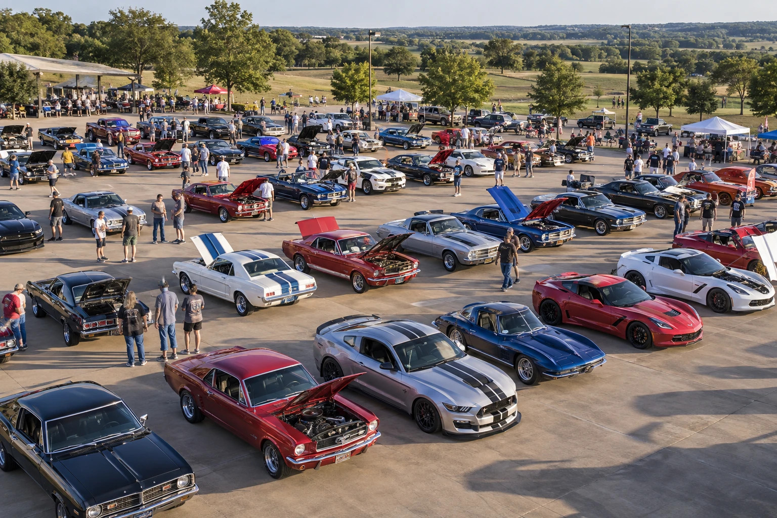 Illustrative elevated view of a car show with classic and modern sports cars