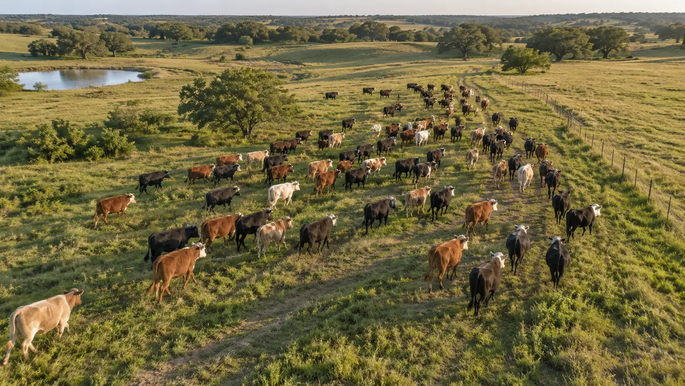 Detailed aerial view of a cattle herd moving across a Texas ranch pasture